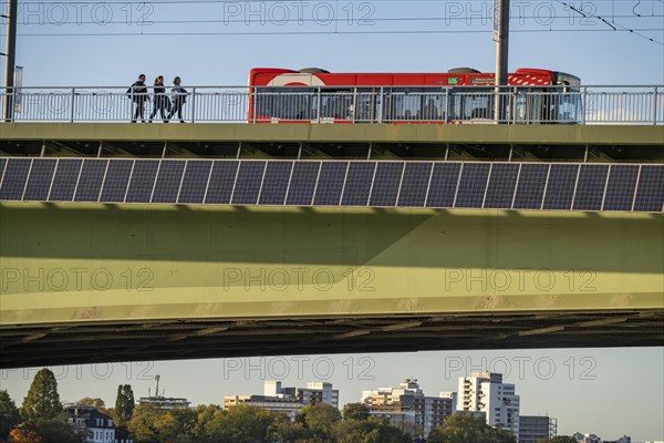 The Kennedy Bridge over the Rhine near Bonn, the longest bridge with a solar installation in Germany, over 390 solar modules are mounted on the south side of the road bridge, output 90 kW, is fed into the public grid, North Rhine-Westphalia, Germany, Europe