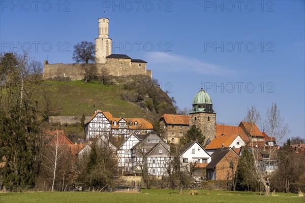 Town view with Protestant town church, half-timbered houses and Felsburg castle, Felsberg, Schwalm-Eder district, Hesse, Germany, Europe