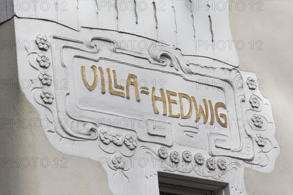 Villa Hedwig lettering, Art Nouveau façade from 1902, formerly the private hospital of Dr Albert Fraenkel, Badenweiler in the Black Forest, Markgräflerland, Baden-Württemberg, Germany, Europe