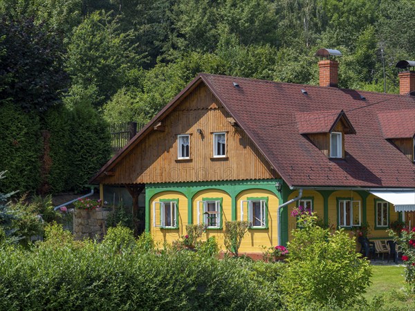 Colourful old half-timbered house, log construction, half-timbered, restored, Lusatian Mountains, Bohemia, Czech Republic, Europe