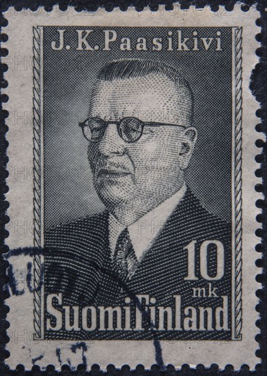 Juho Kusti Paasikivi, (1870-1956) was a Finnish lawyer, bank manager, politician and statesman who was the President of Finland 1946–56. He was also prime minister in 1918 and 1944–46. Portrait on Finnish postage stamp