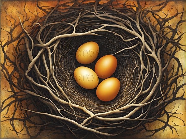 Abstract interpretation of a birds nest with exaggerated, swirling twigs and glowing, vibrant eggs, set against a textured background, AI generated