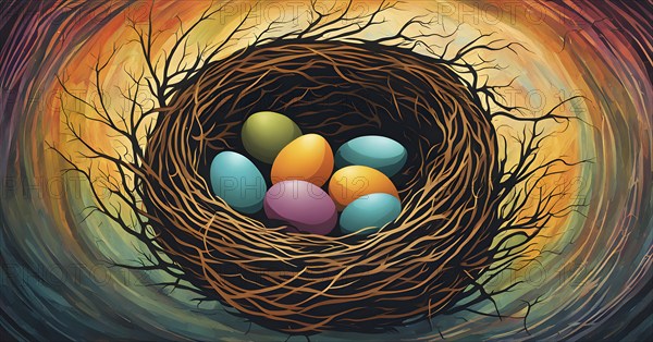 Abstract interpretation of a birds nest with exaggerated, swirling twigs and glowing, vibrant eggs, set against a textured background, AI generated
