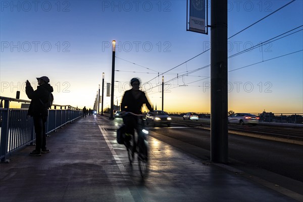 Traffic on the Kennedy Bridge, middle of the 3 Rhine bridges in Bonn, connects the centre of Bonn and the district of Beuel, federal road B56, light rail lines and footpaths and cycle paths, Bonn North Rhine-Westphalia, Germany, Europe