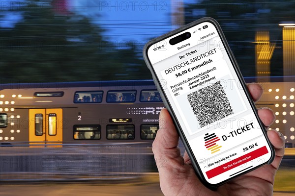 Symbolic image of Deutschlandticket, new from 2025 for 58 euros per month, ticket on mobile phone app, travel on regional transport throughout Germany, for one fare with bus and train