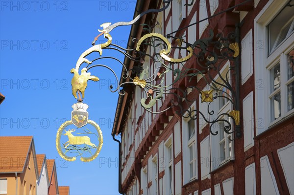 Inn sign, Alte Post restaurant, restaurant, building, window, half-timbered, historic building, architecture, Münsingen, Swabian Alb, Baden-Württemberg, Germany, Europe