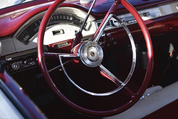 Steering wheel, Ford Custom 300 sedan, model A7 (1957) at a classic car meeting in Büsum, Germany, Europe