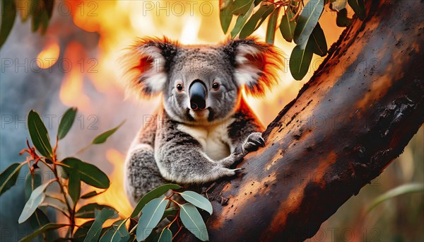 Climate change, global warming, bushfires, a koala in Australia sitting on a burning eucalyptus tree, AI generated