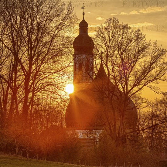 Sunset, Church of St John the Baptist and the Holy Cross, Westerndorf, Pang, Bavaria, Germany, Europe