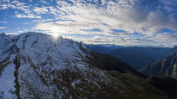 Aerial view of the sunset over the mountains of Val Pontirone in the canton of Ticino, Switzerland, Europe