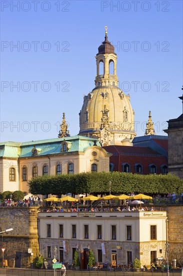 Dresden Terrassenufer with Church of Our Lady. The Brühl's Terrace on the former city wall is also known as the balcony of Europe