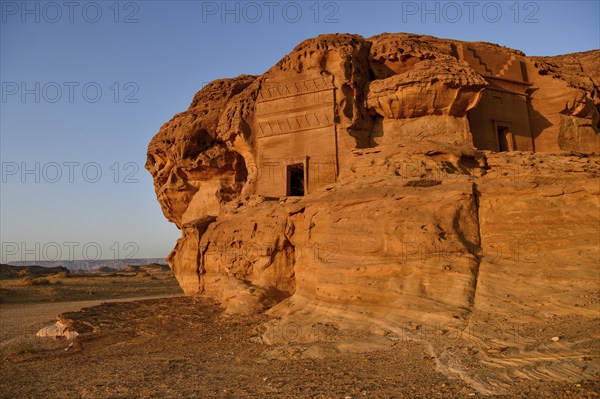 Nabataean tombs at Djabal Al-Ahmar in first light, Hegra or Mada'in Salih, AlUla region, Medina province, Saudi Arabia, Arabian Peninsula, Asia
