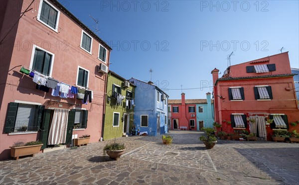 Colourful houses, colourful facades, alleyways on the island of Burano, Venice, Veneto, Italy, Europe