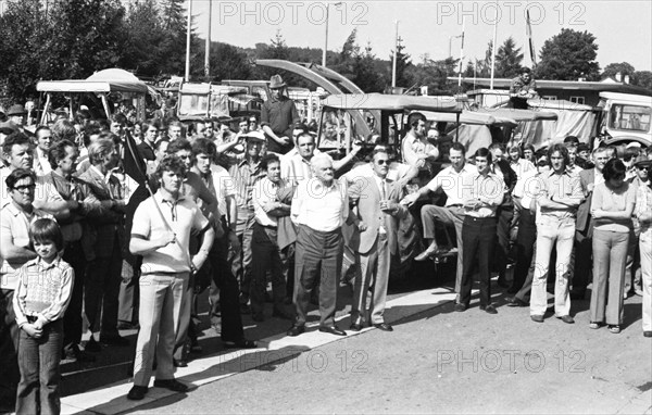 Farmers marched with their tractors to a protest in Aachen on 17.9.1974 to demonstrate against low producer prices, Germany, Europe