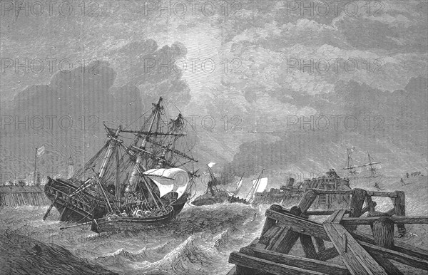 Rescue of a ship in front of the harbour entrance of Yarmouth, Isle of Wight, 1869, England, Historic, digitally restored reproduction of a 19th century original