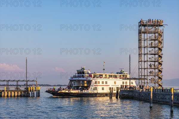 Friedrichshafen ferry and the observation tower at the harbour of Friedrichshafen, Lake Constance, Baden-Württemberg, Germany, Europe
