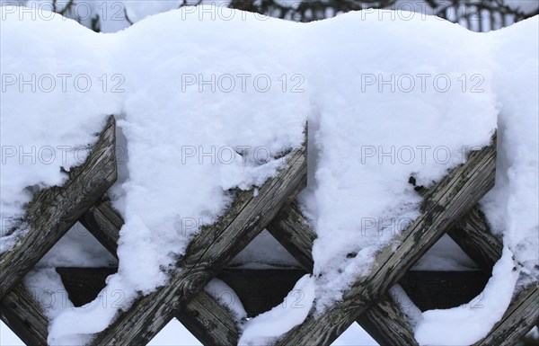 Wintertime, snow-covered hunter's fence, Germany, Europe