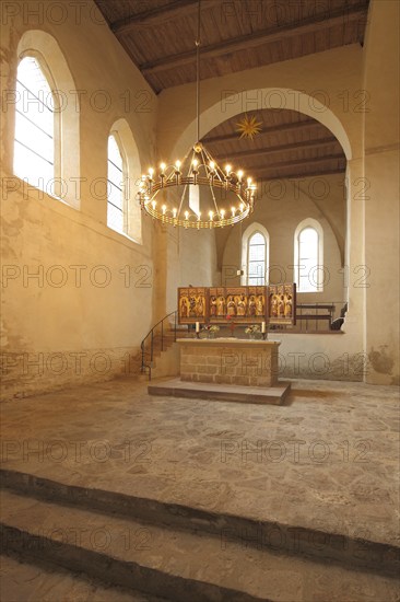 Interior view with chandelier of the Romanesque Drübeck Monastery, Harz Mountains, Lower Saxony, Germany, Europe