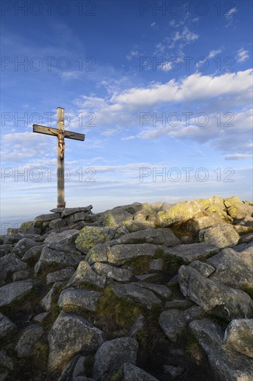 Summit cross on the Lusen (1373m), morning light, Bavarian Forest National Park, Bavaria, Germany, Europe