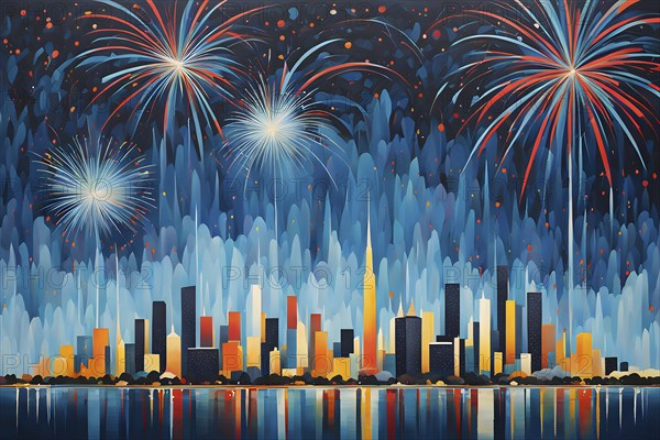 Minimalist, geometric skyline at night, with subtle fireworks in the sky, represented by colorful dots and simple, clean lines, AI generated
