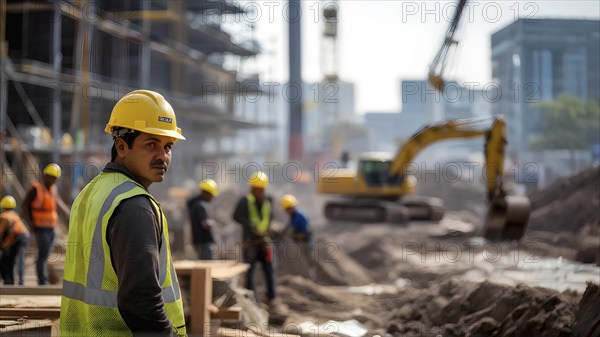 Portrait of a male construction worker wearing a yellow helmet, AI generated