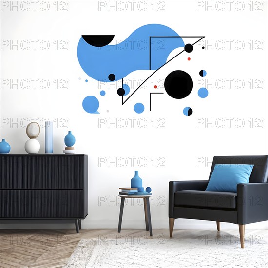 Minimalist illustration featuring abstract shapes to convey fun and ease, wallpaper with blue color accent, AI generated
