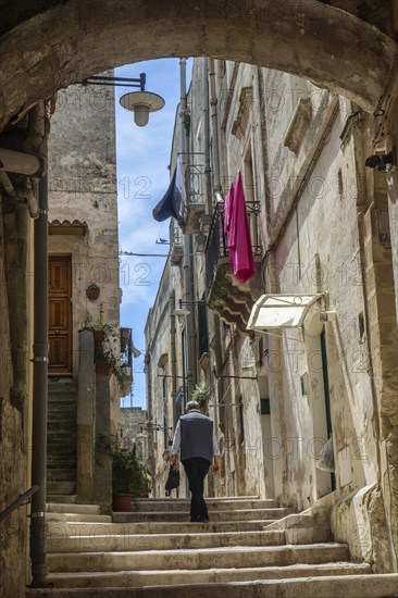 Paths and corridors in the cave town of Matera. The cave settlements, Sassi, are a UNESCO World Heritage Site. Matera, Basilicata, Southern Italy