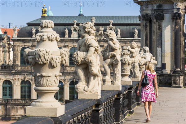 Inner courtyard with sculptures in the Zwinger, architecture, attraction, famous, historic, history, architecture, building, UNESCO, World Heritage Site, culture, cultural history, reconstruction, renovation, tourism, city trip, landmark, baroque, Saxony, Dresden, Germany, Europe