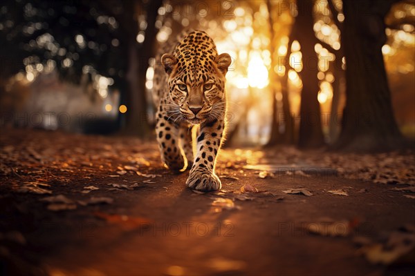 Baby leopard walking with confidence during the golden hour, showcasing its spotted fur and innocent eye, AI generated