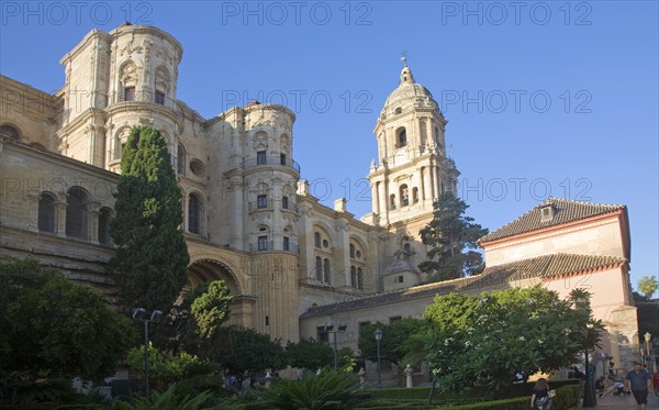 Bell tower Baroque architecture exterior of the cathedral church of Malaga city, Spain, Santa Iglesia Catedral Basílica de la Encarnación, Europe