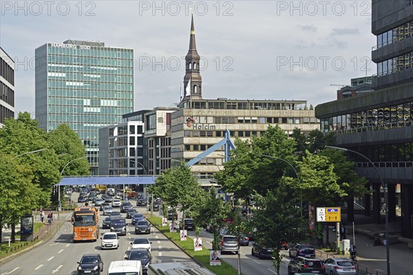 Europe, Germany, Hamburg, Altstadt, Willy-Brandt-Str., View to the shipping company Hamburg Süd and tower of St. Katharinen, Main road, Hamburg, Hamburg, Federal Republic of Germany, Europe