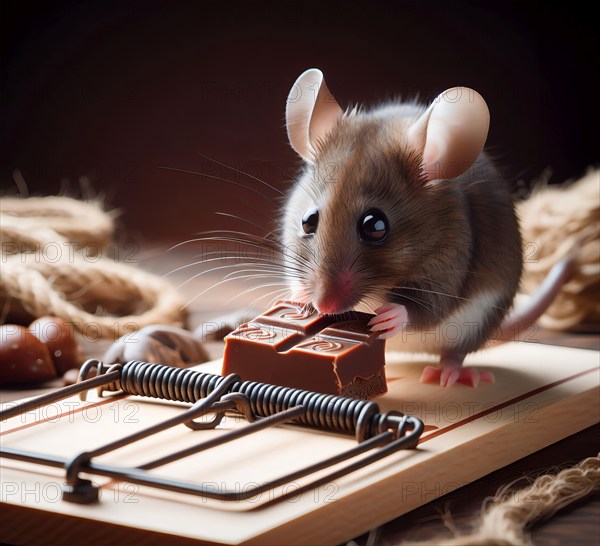 Pest, A mouse sits in front of a mousetrap with chocolate, AI generated, AI generated