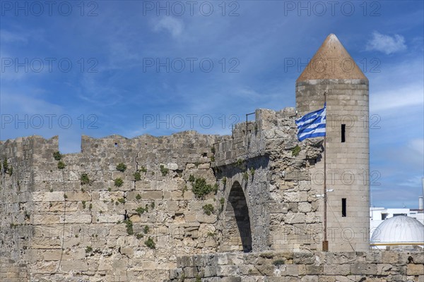 Historic fortress walls, De Naillac Tower, Rhodes Town, Rhodes, Dodecanese, Greek Islands, Greece, Europe