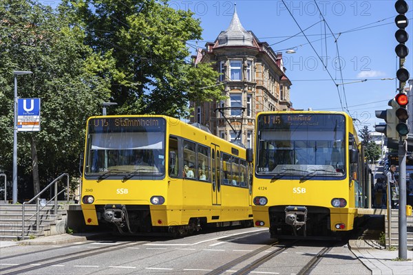 Stuttgart city railway vehicles of type DT 8 public transport on line U15 at the Eugensplatz stop in Stuttgart, Germany, Europe