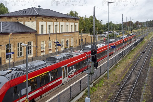 Railway station with station building and regional railway. Bad Belzig, Brandenburg, Germany, Europe