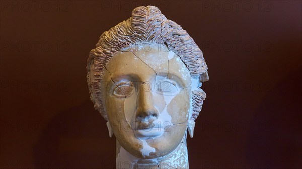 Ancient bust with finely detailed facial features and hair, slightly damaged, Archaeological Museum, Archea Korinthos, Corinth, Peloponnese, Greece, Europe