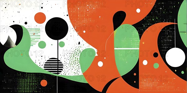 Minimalist illustration featuring abstract shapes to convey fun and ease, wallpaper with green and orange color accent, AI generated