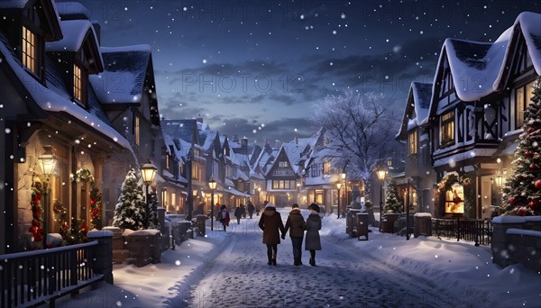 Snow-covered village street at dusk with glowing Christmas lights, AI generated
