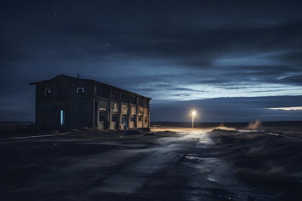 Abandoned military base at the end of an empty road enveloped in the silence of the area, AI generated