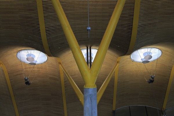 Modern architecture ceiling interior of terminal 4 building, Adolfo Suárez Madrid–Barajas airport, Madrid, Spain, Europe
