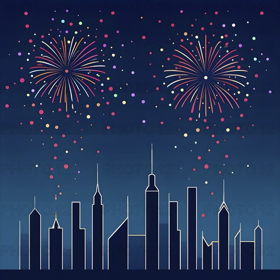 Minimalist, geometric skyline at night, with subtle fireworks in the sky, represented by colorful dots and simple, clean lines, AI generated