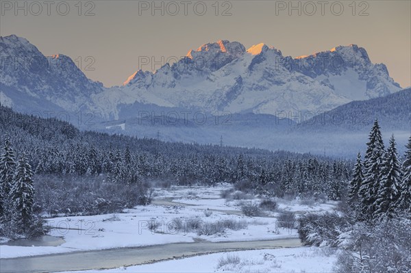 River, riverbed, wild river, forest, mountains, winter, snow, morning light, Isar, Alpspitze, Zugspitze, Wetterstein range, Bavaria, Germany, Europe