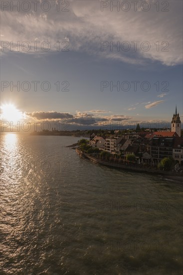 Cityscape, waterfront promenade, church tower, evening light, water reflection, Friedrichshafen on Lake Constance Baden-Württemberg, Germany, Europe