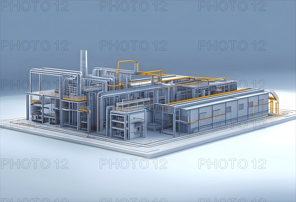 Three dimensional rendering of a model of a modern factory, AI generated