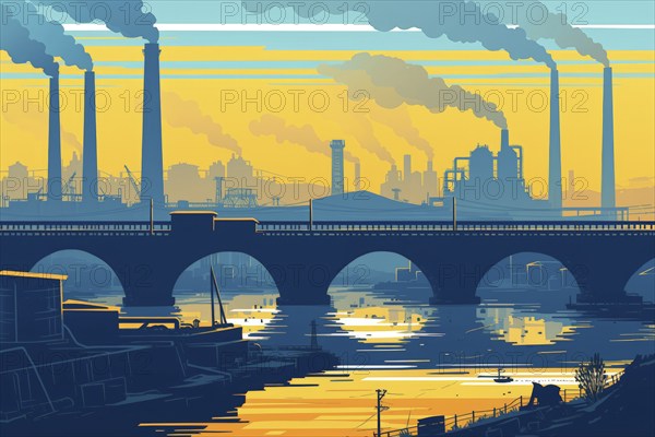 Illustration, graphic of an industrial landscape with bridges over a river, smoking chimneys at sunset, symbolic image for environmental pollution, AI generated, AI generated, AI generated