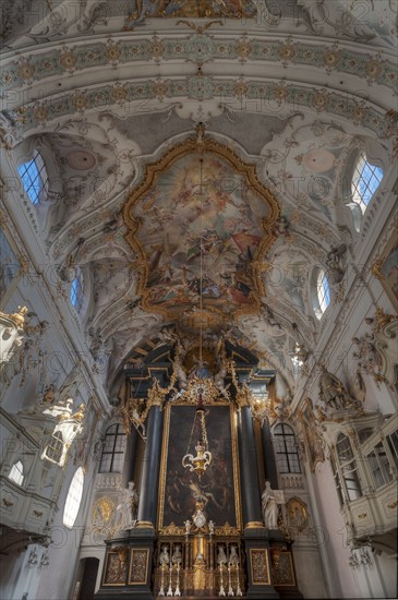Rockoko interior with altar and vault of the Basilica of St Emmeran, Regensburg, Upper Palatinate, Bavaria, Germany, Europe
