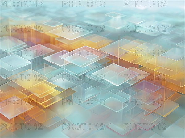 Layers of translucent squares moving in a synchronized flow, resembling dynamic data visualization, AI generated