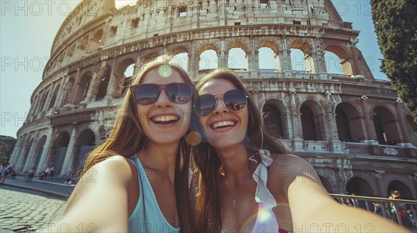 Attractive young smiling happy tourist ladies take selfie in Rome Coliseum in Italy on vacation., AI generated