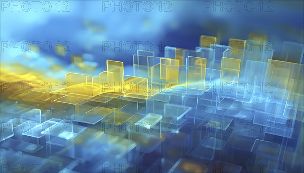 Layers of translucent squares moving in a synchronized flow, resembling dynamic data visualization, AI generated