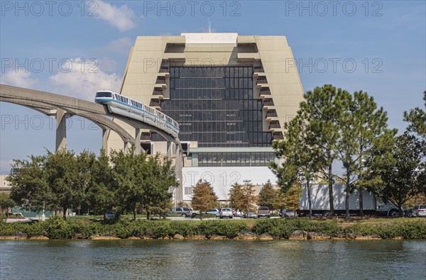 Electric monorail train leaving the Contemporary Hotel in Walt Disney World, Orlando, Florida, USA, United States of America, North America